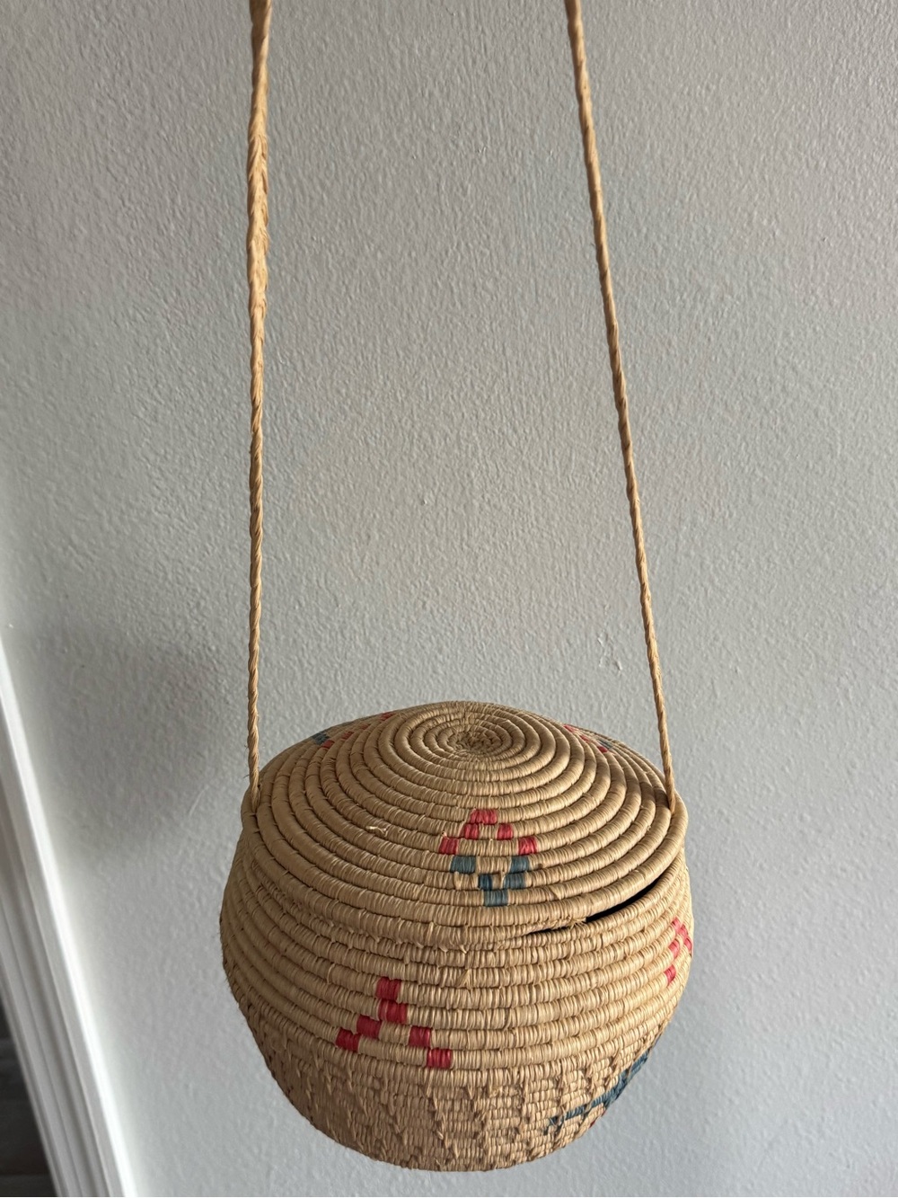 BOGG BAG Natural Seagrass Hanging Basket with Red and Blue Accents